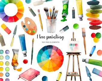 I love painting clipart. Watercolor drawing equipment set. Painting lover. Drawing materials and tools. Drawing boards, palette, paints.