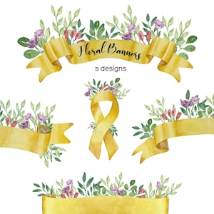 Clipart de rubans d'or aquarelle. Bannières avec fleurs et verdure. Clipart de ruban floral aquarelle. Bannière de rubans métalliques. Ruban brillant PNG
