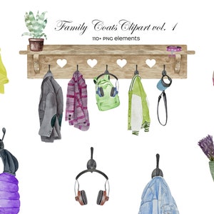 Imágenes prediseñadas de abrigos de acuarela colgados. Creador de láminas familiares personalizadas. Lámina "Es mi familia". Chaquetas familiares PNG. Lámina familiar.