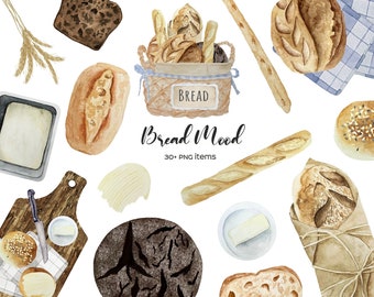 May include: A watercolor illustration of various types of bread, including loaves, rolls, and baguettes. There are also images of butter, a wooden cutting board, and a basket of bread labeled "Bread". The text "Bread Mood" and "30+ PNG items" is also included in the image.