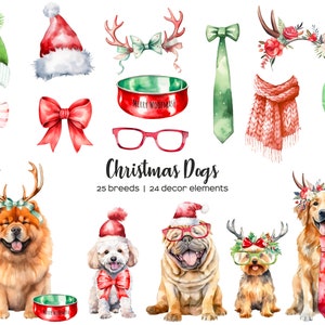 Aquarell Weihnachten Hund Clipart. Weihnachten Hunde ClipArt. Hund in Nikolausmütze PNG. Aquarell Hunderassen Clipart. 25 Hundetypen und Weihnachtsdeko