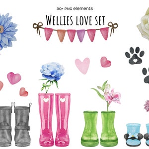 Watercolor wellington boots with accessories. Rain boots watercolor clipart. Family wellies clipart for personalised print. Welly print png