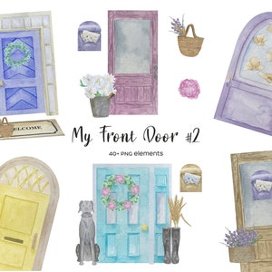 Watercolor cottage front door clipart. Colorful rustic front door illustration for personalised print. Irish front door. My front door print