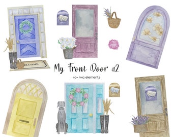 Aquarell Cottage Haustür Clipart: Rustikale Illustration (PNG, PDF)
