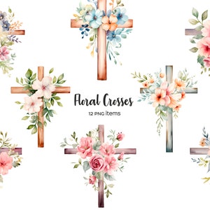 Watercolor floral cross clipart. Easter cross clip art. Watercolor greenery crosses with flower. Wooden cross PNG. Watercolor easter cross