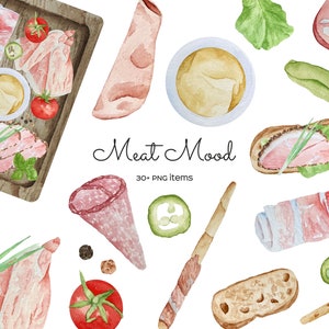 May include: Watercolor illustration featuring various meat items, including salami, bacon, and sliced meats, along with tomatoes, lettuce, and mustard. The text "Meat Mood" and "30+ PNG items" are also present. The image has a food theme.
