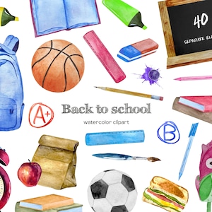 Watercolor school clipart. Back to school images - watercolor backpack, chalkboard. Teacher clip art. School supplies PNG. First school day