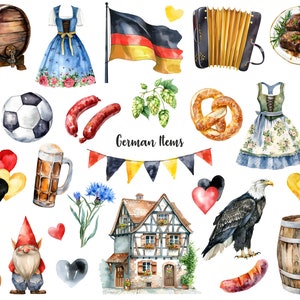 May include: Watercolor illustrations of German cultural items, including a pretzel, beer stein, accordion, dirndl, and a gingerbread house. The illustrations are on a white background with the text "German Items" in black.