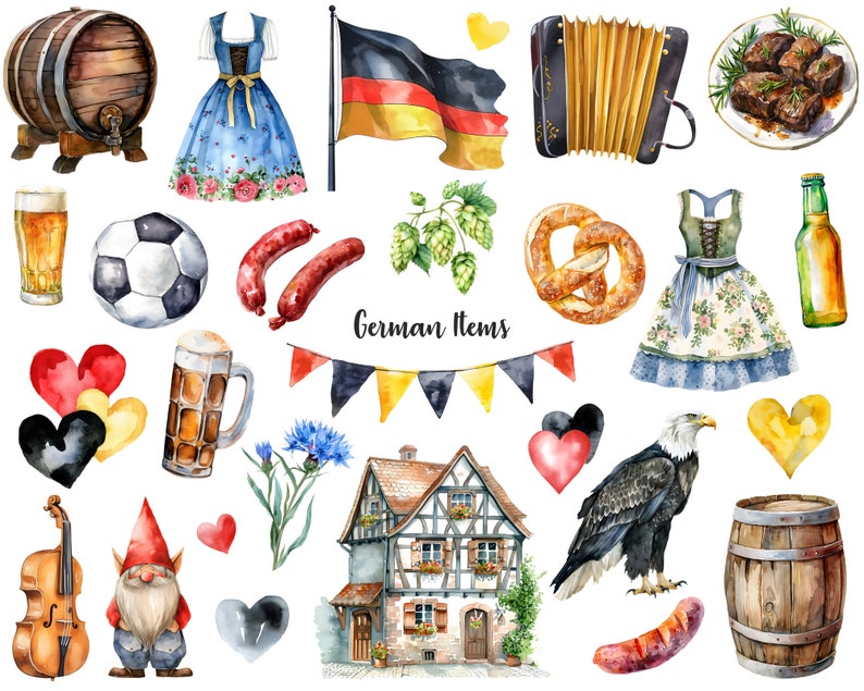 May include: Watercolor illustrations of German cultural items, including a pretzel, beer stein, accordion, dirndl, and a gingerbread house. The illustrations are on a white background with the text "German Items" in black.