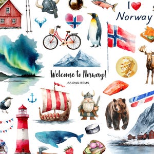 May include: Watercolor illustrations of Norway, featuring a red house, Viking ship, flag, and a moose. Other elements include a penguin, mountains, and the text "Welcome to Norway!"