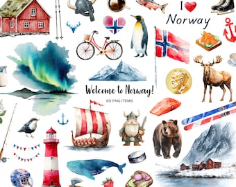 Watercolor Norway clipart Norwegian items and symbols Norwegian elements PNG landscapes flag Oslo clipart Scandinavian  Nordic country