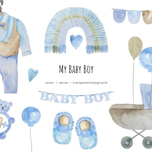 Clipart del neonato dell'acquerello. ClipArt di elementi ragazzo blu. Annuncio di nascita del neonato PNG. È un ragazzo clipart. Vivaio boho blu. Baby doccia.