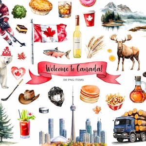 Aquarela Canadá clipart Elementos e símbolos canadenses ilustração PNG Bem-vindo ao Canadá Ottawa Toronto aquarela Bandeira canadense marco