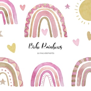Watercolor pink rainbow clipart. Pink & beige boho rainbows clip art. Baby girl pastel rainbow, cloud, sun, stars, heart. Nursery decor PNG