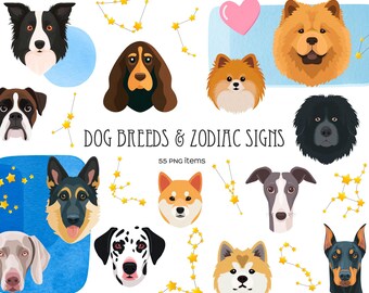 Zodiac signs and dog breeds clipart Horoscope signs illustration Dog breeds Zodiac signs