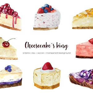 Clipart de tarta de queso de acuarela. Cheesecake Clip art. Ilustración de panadería. Tarta de queso PNG. Tarta de acuarela. Hornear imágenes prediseñadas. Clipart de postre