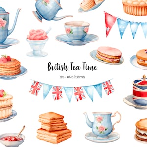 Aquarell British Tea Time Clipart. Englischer Nachmittagstee. UK Teeparty. Aquarell Vintage Geschirr Teetasse & Teekanne mit britischer Flagge