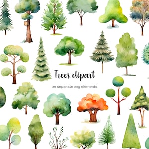 Aquarel bomen clipart. Aquarel bos illustraties. Boslandschap, bomen, gras. Buitensporig bos en bomen voor uitnodiging. 36 boom PNG
