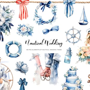 Aquarell nautische Hochzeit Clipart. Marine Hochzeit Thema ClipArt. Meer Thema Hochzeit Ideen Einladung Dekor. Aquarell Braut und Bräutigam PNG