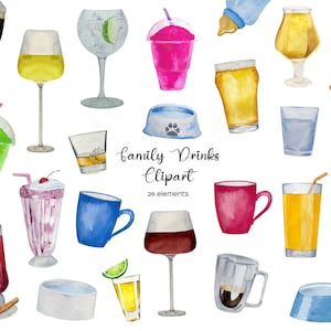 Watercolor family drinks print clipart. Personalised Watercolour Drinks Family prints. Alcoholic beverages clipart. Soft drinks clipart.