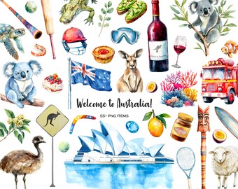 Watercolor Australia Clipart: Australian Symbols, Landscapes (PNG Digital Download)