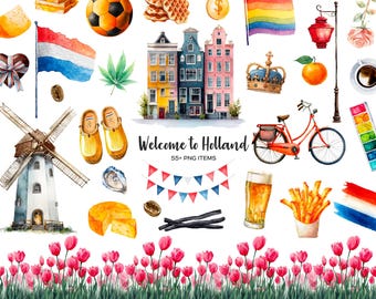Watercolor Holland symbols clipart. Welcome to Netherlands. Low countries elements clipart. Welcome to Amsterdam. Dutch symbols. Dutch flag