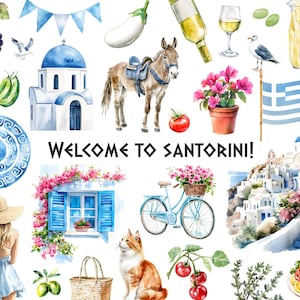 Clipart aquarelle de Santorin Ensemble d'articles de l'île de Santorin Bienvenue en Grèce Éléments de Santorin Maison et moulin à vent grecs de Santorin
