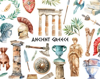 Watercolor Ancient items clipart. Ancient Greece set. Antiquity Greek Mythology. Antique Clipart. Greek culture set.