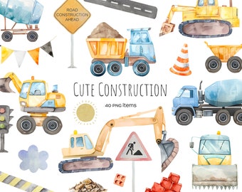 Könnte beinhalten: Ein Set mit 40 Aquarell-Illustrationen von Baufahrzeugen und -geräten. Das Set enthält einen gelben Bagger, einen blauen Betonmischer, einen gelben Kipplaster, einen gelben Bulldozer, einen blauen LKW, eine Ampel, ein Straßenschild mit der Aufschrift "Straßenbauarbeiten", einen Baustellenkegel, einen Erdhaufen, einen Haufen Ziegel und eine Reihe von Flaggen.