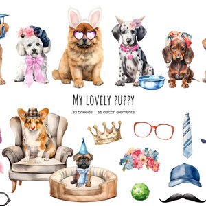 Aquarel hondenrassen clipart. Puppy clipart. Honden illustraties. Hondentypes en accessoires PNG. Mijn lieve puppyset. Hondenliefhebber. Wij zijn verhuisd