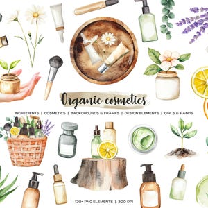 Clipart di cosmetici biologici ad acquerello Cosmetici naturali Prodotti ecologici per la cura della pelle Cura del viso Crema viso con ingredienti naturali Prodotto di bellezza biologico