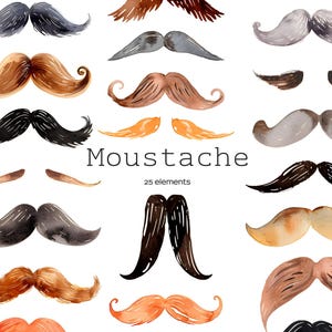 Clipart de bigode aquarela. Conjunto de formas diferentes de bigode. Festa de bigode. Clipart de cavalheiro aquarela