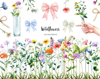 Watercolor meadow flowers clipart. Wildflowers PNG set. Spring wild flowers. Single Meadow flower. Garden flower. Meadow flowers Bouquet.