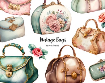 Watercolor Vintage Handbag Clipart: Retro Purse Graphics (PNG)