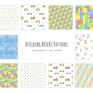 Watercolor building bricks seamless patterns. Toy plastic bricks pattern. Bricks frame. Building bricks clipart. Toy bricks background