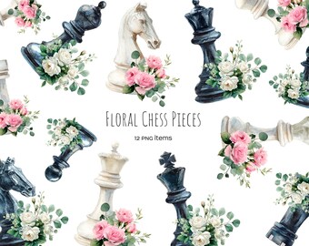 Watercolor floral white and black chess pieces. King, queen, rook, bishop, knight, pawn with flowers PNG set.