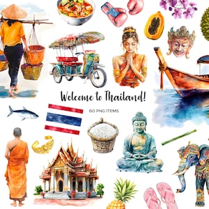 Aquarell Thailand Clipart. Thailändische Elemente und Symbole gesetzt. Willkommen in Thailand. Bangkok grafik. Landschaft in der Nähe von Pattaya / Thailand. Asien Clipart.