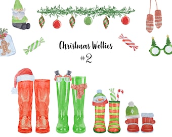 Watercolor Christmas Wellies Clipart: Family Boots Print (PNG)
