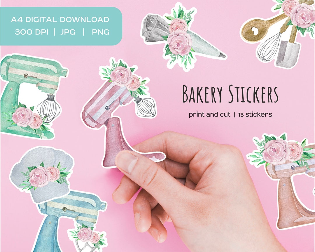 Watercolor Bakery Stickers. Bakery Logo With Mixer Stickers. Baking Logo. Floral Baking Stickers