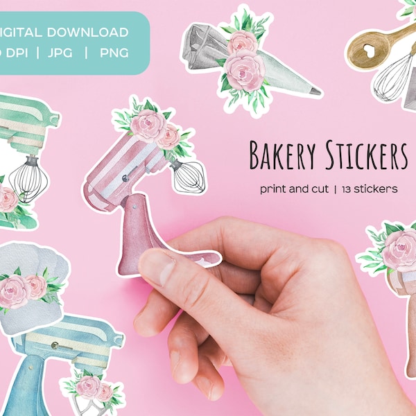 Watercolor bakery stickers. Bakery logo with mixer stickers. Baking logo. Floral baking stickers. Pink floral mixer 12 sticker print & cut