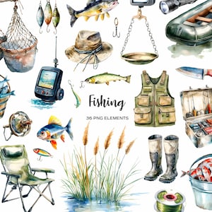 Clipart de pesca en acuarela. Equipo de pesca. Herramientas y artículos de pesca. Clipart de pescador. Equipo de pesca, cañas, mochila, aparejos, redes.