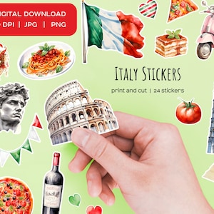 Adesivi Italia acquerello. Adesivo con simboli italiani di Venezia. Adesivo Colosseo stampato e tagliato. Adesivo bandiera italiana ed elementi italiani 24