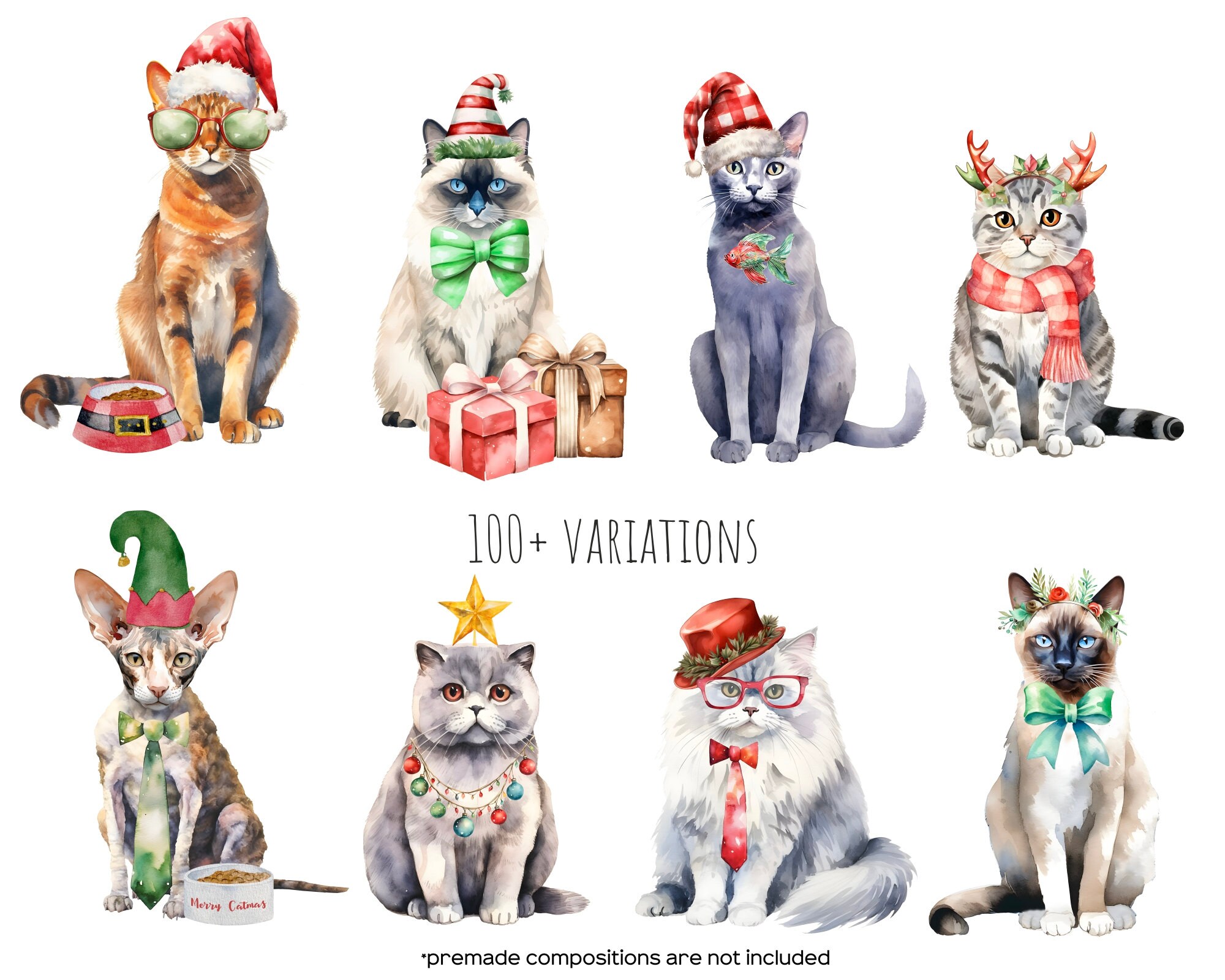 水彩画風クリスマス猫のクリップアート：17種類、ホリデー
