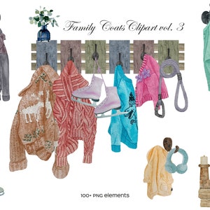 Aquarell Familie gestrickte Kleidung Clipart. Pullover an Haken Clipart. Personalisierter Familiendruck. Es ist mein Familiendruck. Familie Mäntel PNG