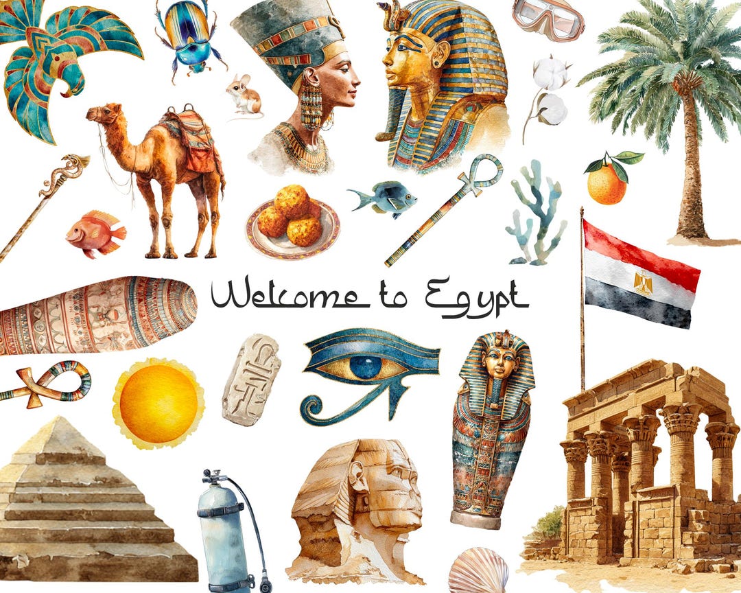 Watercolor Egypt Clipart Land of Pharaohs Egyptian Elements and Symbols ...