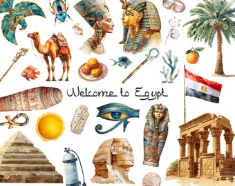 Watercolor Egypt clipart Land of Pharaohs Egyptian elements and symbols PNG illustration Welcome to Egypt