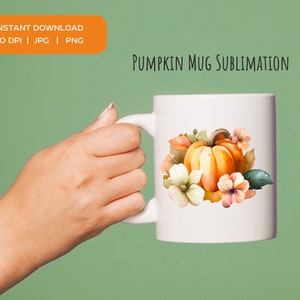 Pumpkin mug sublimation. Thanksgiving Day mug. Pumpkins mug wrap PNG for sublimation. Fall autumn mug design with pampkin and flowers