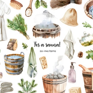 Imágenes prediseñadas de sauna de acuarela. Juego de baño finlandés. Relajarse imágenes prediseñadas. Hora del baño 50 PNG. Imágenes prediseñadas de bienestar. Elementos de sauna. Sala de vapor, sala de sudoración.