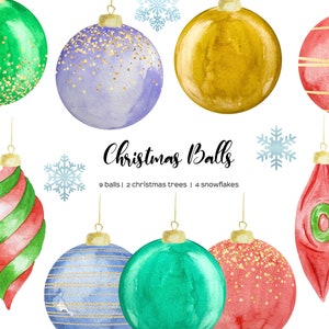 Clipart de bolas de Navidad de acuarela. Imágenes prediseñadas de adornos para el árbol de Navidad. Adornos de árbol de Navidad. Clipart de adorno de Navidad de oro verde rojo