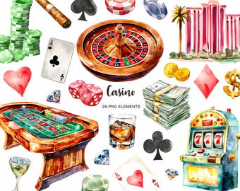 Watercolor Casino Clipart: Gambling Elements PNG Set (29 Files)